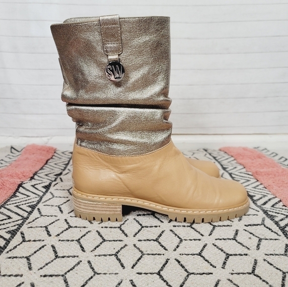 STUART WEITZMAN 2 TONE GOLD & CAMEL MID CALF BOOTS, SZ 6 - Picture 1 of 16